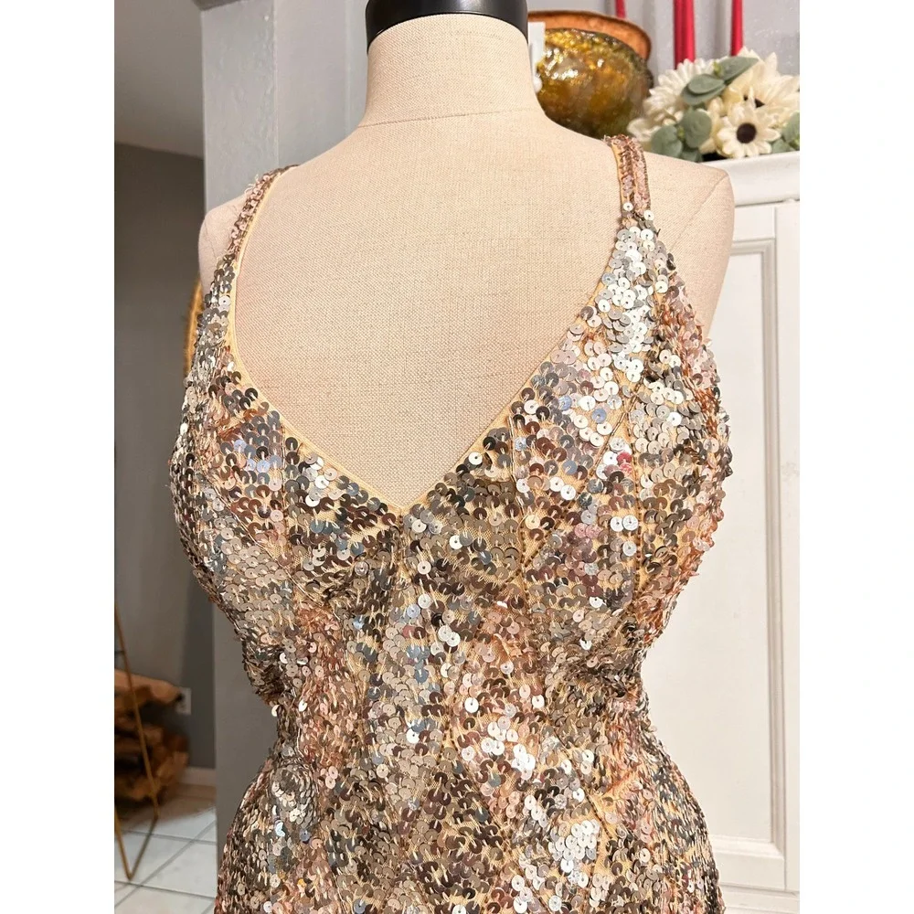 Gold Silver Sequin Formal Gown High Slit Maxi Dress MEDIUM Holiday Prom Party